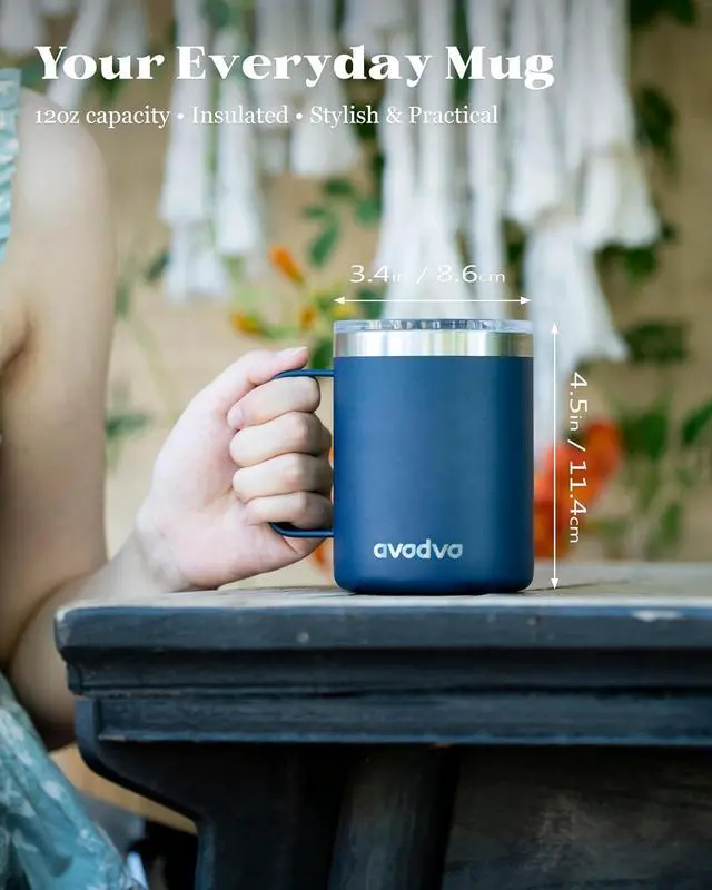 Alt view image 4 of 7 - 12oz Insulated Coffee Mug with 2 Lids & Handle, Stainless Steel Cup | Keeps Drinks Hot & Cold, Double Wall Vacuum Insulated Travel Tumbler for Home, Office & Outdoor, Navy Blue
