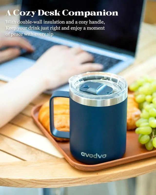 Alt view image 5 of 7 - 12oz Insulated Coffee Mug with 2 Lids & Handle, Stainless Steel Cup | Keeps Drinks Hot & Cold, Double Wall Vacuum Insulated Travel Tumbler for Home, Office & Outdoor, Navy Blue