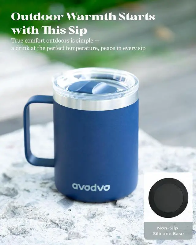 Alt view image 6 of 7 - 12oz Insulated Coffee Mug with 2 Lids & Handle, Stainless Steel Cup | Keeps Drinks Hot & Cold, Double Wall Vacuum Insulated Travel Tumbler for Home, Office & Outdoor, Navy Blue
