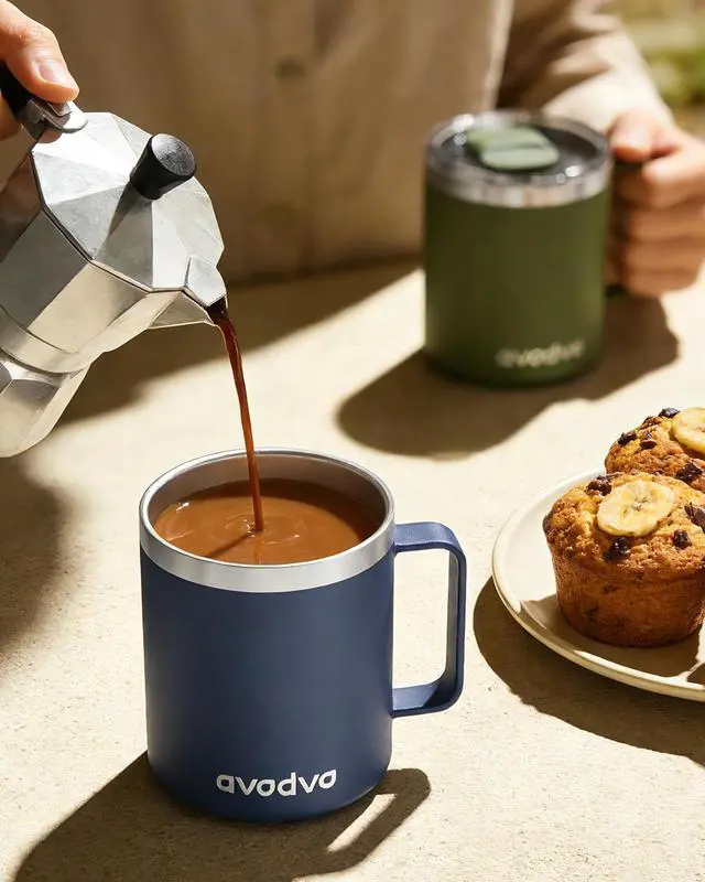 Alt view image 7 of 7 - 12oz Insulated Coffee Mug with 2 Lids & Handle, Stainless Steel Cup | Keeps Drinks Hot & Cold, Double Wall Vacuum Insulated Travel Tumbler for Home, Office & Outdoor, Navy Blue