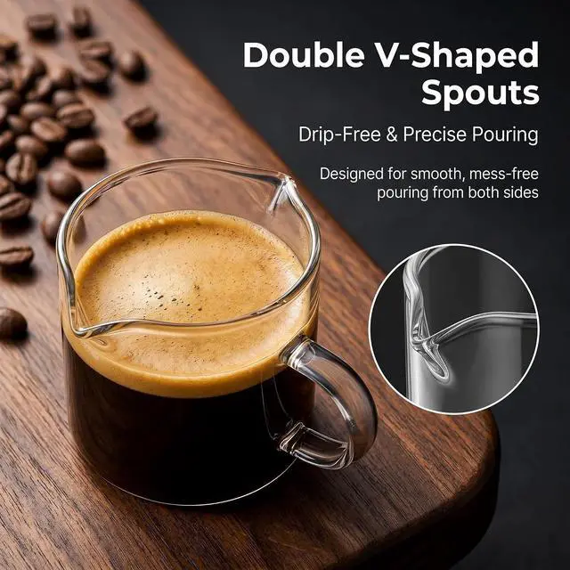 Alt view image 3 of 7 - Farielyn-X® 5 OZ Espresso Cups Set of 2, Double Spouts Cups, Shot Glasses, Milk Cup with Handle, Clear Glass, Espresso Accessories for Making Coffee Desserts Salad Dressing Machine
