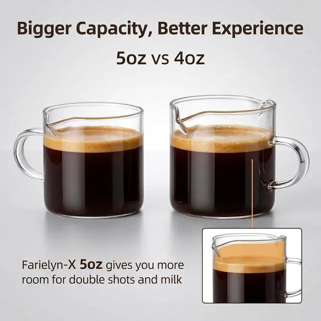 Alt view image 5 of 7 - Farielyn-X® 5 OZ Espresso Cups Set of 2, Double Spouts Cups, Shot Glasses, Milk Cup with Handle, Clear Glass, Espresso Accessories for Making Coffee Desserts Salad Dressing Machine