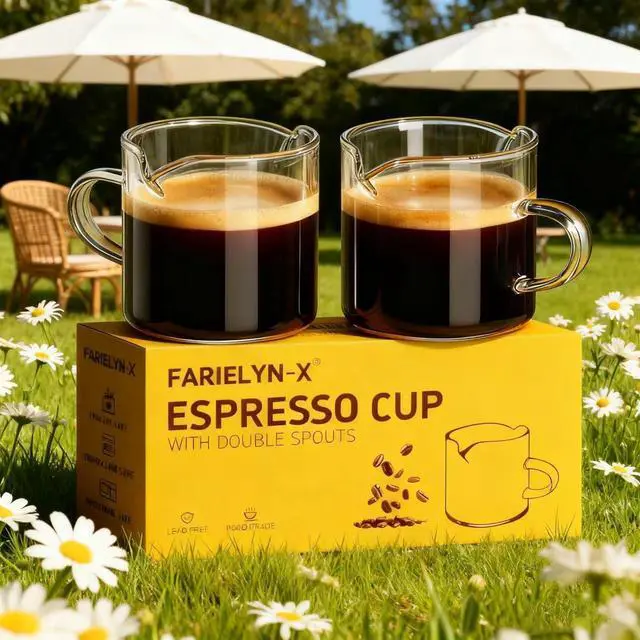 Alt view image 7 of 7 - Farielyn-X® 5 OZ Espresso Cups Set of 2, Double Spouts Cups, Shot Glasses, Milk Cup with Handle, Clear Glass, Espresso Accessories for Making Coffee Desserts Salad Dressing Machine