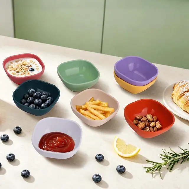 Alt view image 6 of 7 - Set of 10 Small Plastic Bowls, 4.5 Ounce, Wheat Straw Material, Unbreakable Multi-Color Dipper Cups for Dessert Tomato Sauce