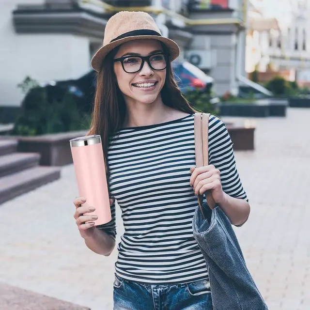 Alt view image 5 of 7 - VEGOND Stainless Steel Skinny Tumbler, 20 oz Vacuum Insulated Tumbler with Lid and Straw, Double Wall Coffee Cup, Travel Mug for Cold Hot Drinks, Light Pink 1 Pack