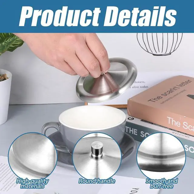 Alt view image 3 of 7 - 2 Pcs Stainless Steel Cup Cover, Home Round Tea and Coffee Mug, Cup Lids, Dust Cover Mug Lid, Universal Lid for Home, Office, Camping (Silver, 10.2cm/4 Inch)