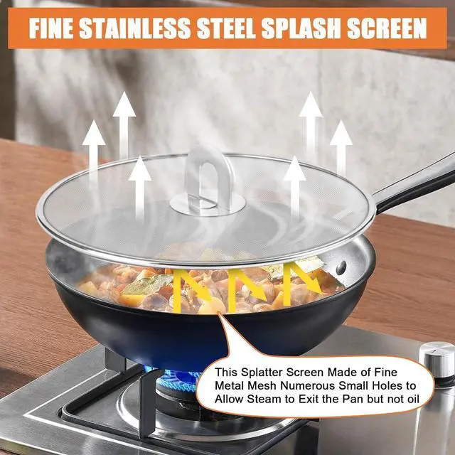 Alt view image 4 of 7 - 3-Pack Splatter Screens for Frying Pan - 10", 11.5", 13" Stainless Steel Grease Splatter Guard with Foldable Knob, Ultra-Fine Mesh, Rust-Free - No Oil Mess, No Burns, Ultra Fine Mesh