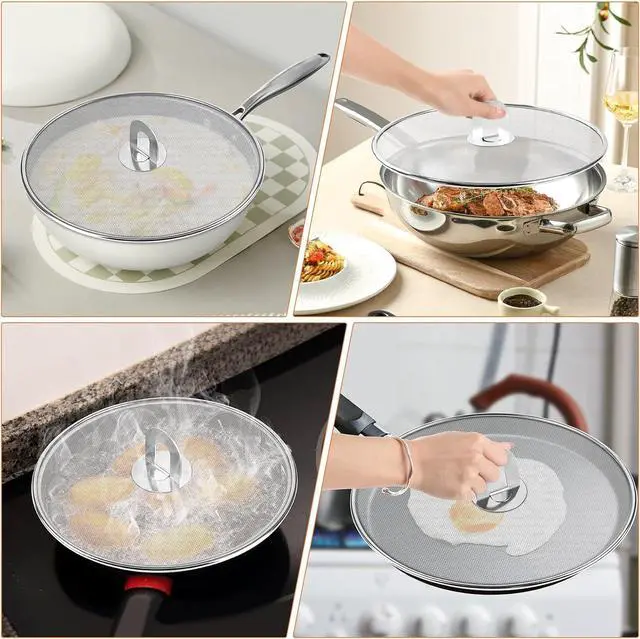 Alt view image 5 of 7 - 3-Pack Splatter Screens for Frying Pan - 10", 11.5", 13" Stainless Steel Grease Splatter Guard with Foldable Knob, Ultra-Fine Mesh, Rust-Free - No Oil Mess, No Burns, Ultra Fine Mesh