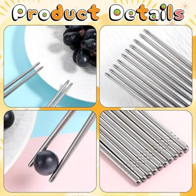 Alt view image 3 of 7 - Stainless Steel Chopsticks, 5 Pairs Silver Reusable Chopsticks Metal Cooking Chopstick Lightweight Non-slip Hollow Chop Sticks for Home Kitchen Travel, Dishwasher Safe