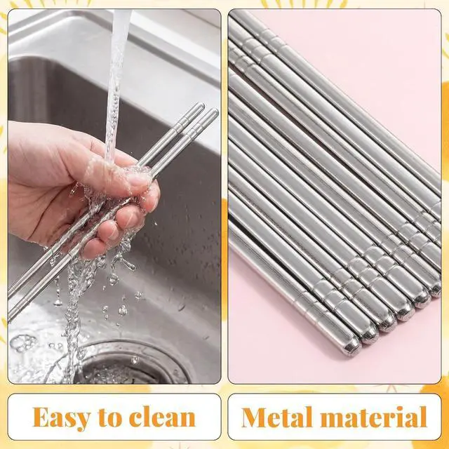 Alt view image 4 of 7 - Stainless Steel Chopsticks, 5 Pairs Silver Reusable Chopsticks Metal Cooking Chopstick Lightweight Non-slip Hollow Chop Sticks for Home Kitchen Travel, Dishwasher Safe
