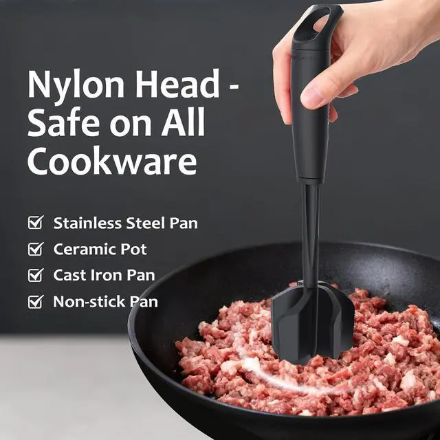 Alt view image 2 of 7 - Ourokhome Meat Chopper and Potato Masher, Heat Resistant Nylon Ground Beef Smasher for Hamburger, 5 Curved Blades Nonstick Mixer & Stirrer, Practical Kitchen Gadgets, Black