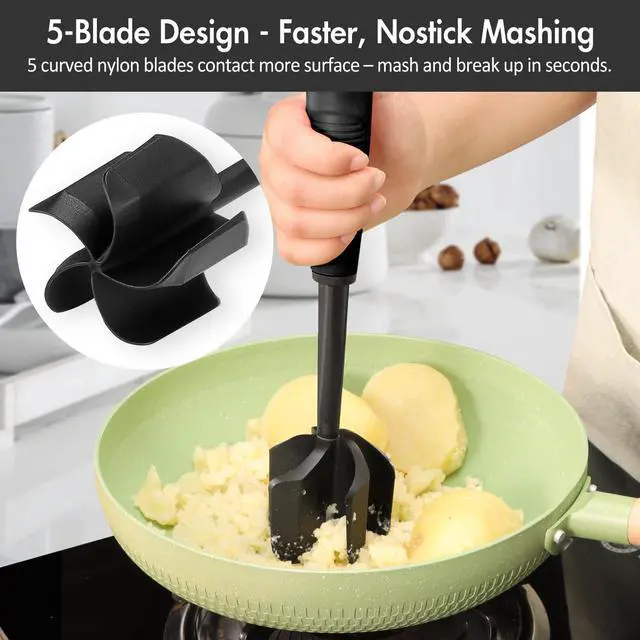 Alt view image 4 of 7 - Ourokhome Meat Chopper and Potato Masher, Heat Resistant Nylon Ground Beef Smasher for Hamburger, 5 Curved Blades Nonstick Mixer & Stirrer, Practical Kitchen Gadgets, Black