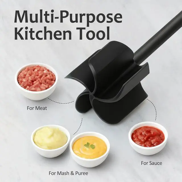 Alt view image 7 of 7 - Ourokhome Meat Chopper and Potato Masher, Heat Resistant Nylon Ground Beef Smasher for Hamburger, 5 Curved Blades Nonstick Mixer & Stirrer, Practical Kitchen Gadgets, Black