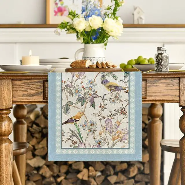 Alt view image 2 of 7 - Artoid Mode Blue Birds Flowers Blossom Table Runner, Seasonal Spring Floral Kitchen Dining Table Decoration for Home Party Decor 13x72 Inch