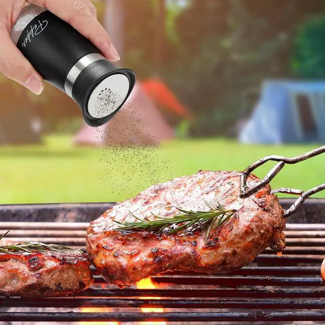 Alt view image 4 of 7 - Accmor Salt and Pepper Shakers Set, 4 oz Stainless Steel Salt Pepper Shaker Containers with Glass Bottom for Kitchen Cooking, BBQ, Bar, Table, RV, Camp