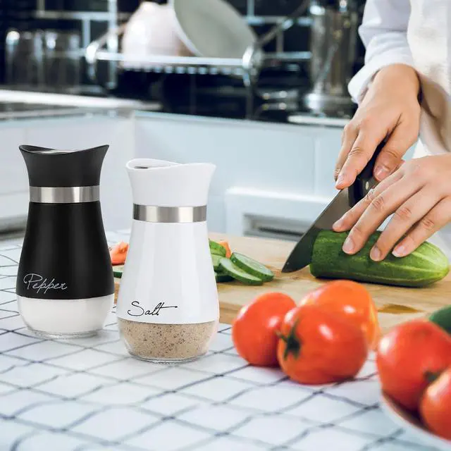 Alt view image 5 of 7 - Accmor Salt and Pepper Shakers Set, 4 oz Stainless Steel Salt Pepper Shaker Containers with Glass Bottom for Kitchen Cooking, BBQ, Bar, Table, RV, Camp