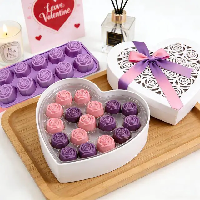 Alt view image 3 of 7 - 2Packs Silicone Valentine Chocolate Molds 10-Cavity Rose-Shaped | Reusable Candy Mold for Truffles, Ice Cubes, Oskrieel Soap - Heat Resistant (-40°F to 446°F)