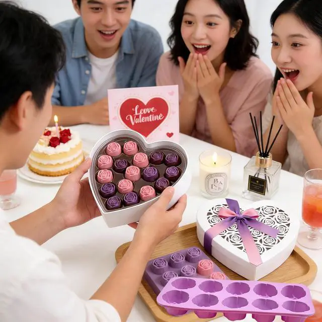 Alt view image 6 of 7 - 2Packs Silicone Valentine Chocolate Molds 10-Cavity Rose-Shaped | Reusable Candy Mold for Truffles, Ice Cubes, Oskrieel Soap - Heat Resistant (-40°F to 446°F)