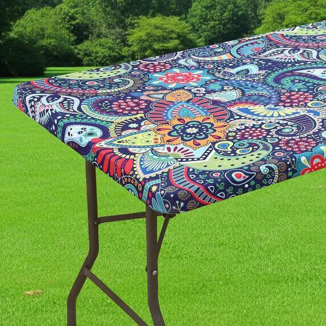 Main image of Smiry Spandex Fitted Tablecloth for 6 Foot Rectangle Tables, Washable Picnic Table Cover with Elastic, Stretch Reusable Table Cloth for Outdoor, Camping, Dining & Kitchen (Paisley, 30"x72")