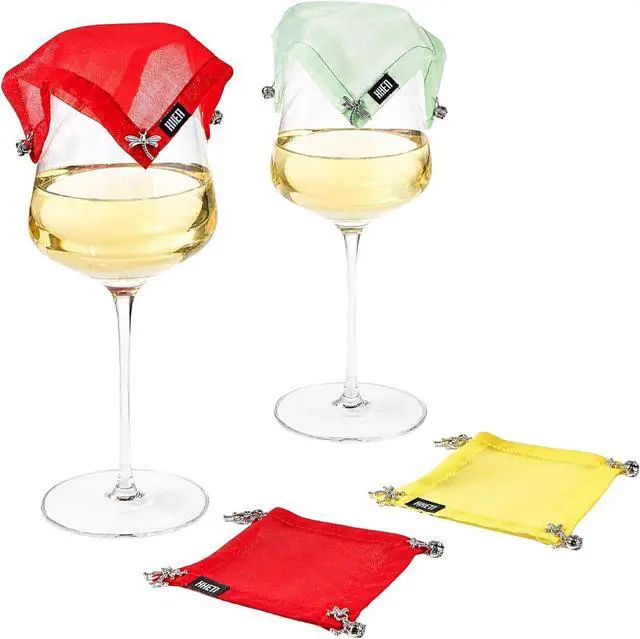Main image of Weighted Outdoor Wine Glass Covers, Breathable Cotton Screen Lid, Set of 4 | Breathable Cotton Mesh, Keep Bugs & Flying Insects Out, Perfect for Picnics, BBQs, Patios, Camping & Outdoor Entertaining