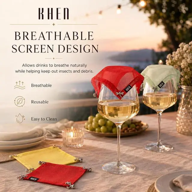 Alt view image 7 of 7 - Weighted Outdoor Wine Glass Covers, Breathable Cotton Screen Lid, Set of 4 | Breathable Cotton Mesh, Keep Bugs & Flying Insects Out, Perfect for Picnics, BBQs, Patios, Camping & Outdoor Entertaining