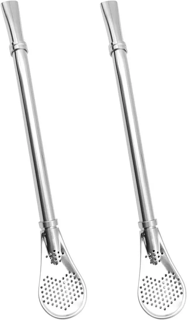 Alt view image 2 of 6 - Yerba Mate Bombilla Gourd Drinking Filter Straws 304 Food-Grade 18/8 Stainless Steel - Set of 2 with Cleaning Brush - 6.1" Long