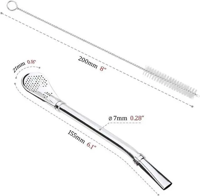 Alt view image 4 of 6 - Yerba Mate Bombilla Gourd Drinking Filter Straws 304 Food-Grade 18/8 Stainless Steel - Set of 2 with Cleaning Brush - 6.1" Long