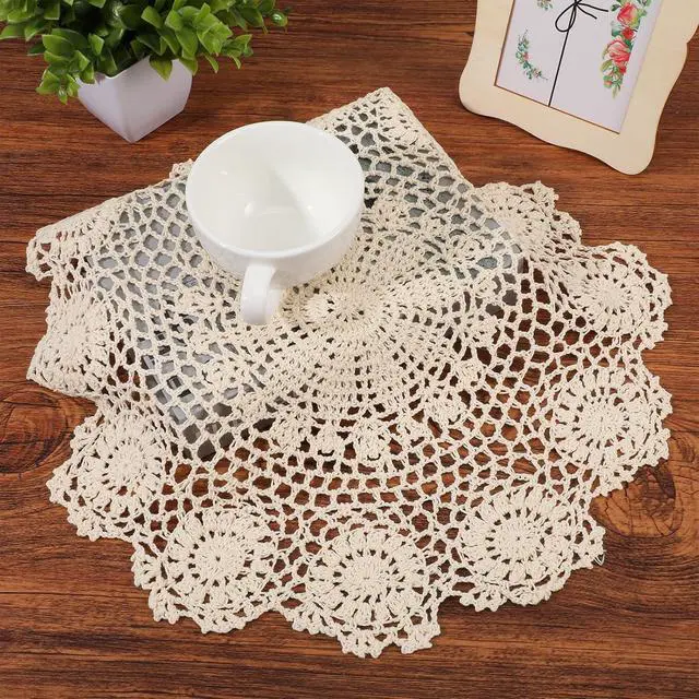 Alt view image 3 of 7 - Lace Dollies for Tables, 15.7 Inch Large Round Cotton Crochet Doilies Handmade Vintage Lace Placemats Knitted Tablecloth for Home Kitchen Dining Room Wedding Party Decoration (Beige)