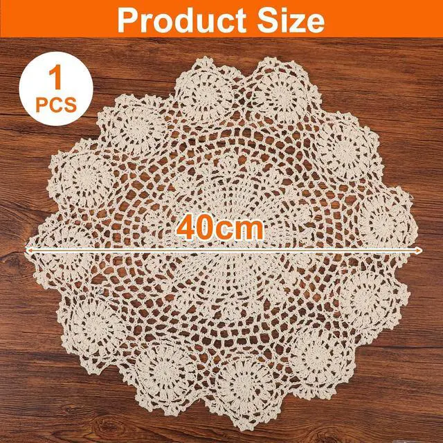 Alt view image 2 of 7 - Lace Dollies for Tables, 15.7 Inch Large Round Cotton Crochet Doilies Handmade Vintage Lace Placemats Knitted Tablecloth for Home Kitchen Dining Room Wedding Party Decoration (Beige)
