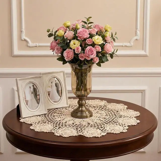 Alt view image 4 of 7 - Lace Dollies for Tables, 15.7 Inch Large Round Cotton Crochet Doilies Handmade Vintage Lace Placemats Knitted Tablecloth for Home Kitchen Dining Room Wedding Party Decoration (Beige)