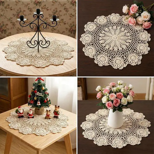 Alt view image 7 of 7 - Lace Dollies for Tables, 15.7 Inch Large Round Cotton Crochet Doilies Handmade Vintage Lace Placemats Knitted Tablecloth for Home Kitchen Dining Room Wedding Party Decoration (Beige)