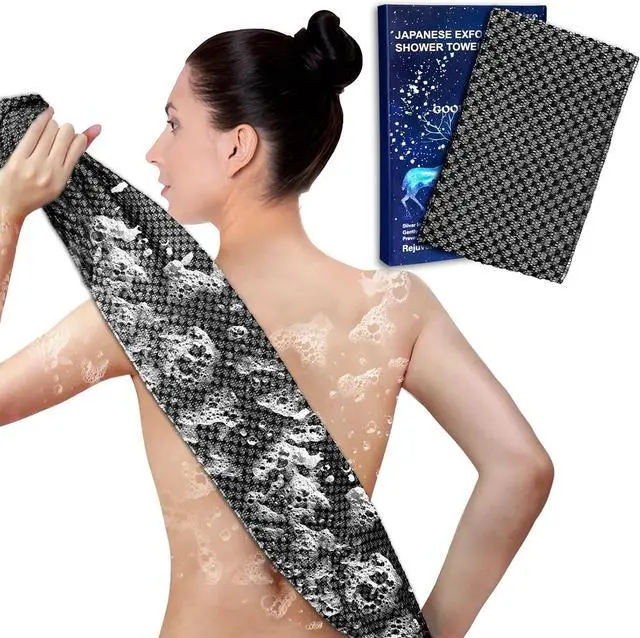 Main image of Exfoliating Washcloth Shower Towels Rich Silver Ion & Carbon Fiber | Premium Japanese Style Exfoliating Body Scrubber for Back Acne, KP & Smooth Skin, Longer Body Scrub Exfoliator with 2 Sides