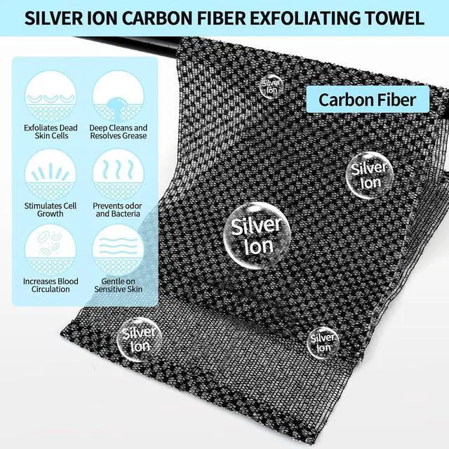 Alt view image 2 of 7 - Exfoliating Washcloth Shower Towels Rich Silver Ion & Carbon Fiber | Premium Japanese Style Exfoliating Body Scrubber for Back Acne, KP & Smooth Skin, Longer Body Scrub Exfoliator with 2 Sides