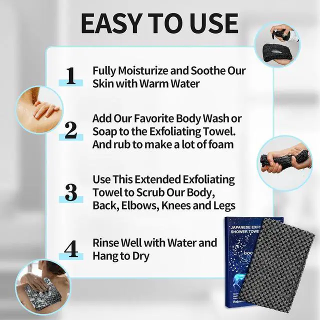 Alt view image 4 of 7 - Exfoliating Washcloth Shower Towels Rich Silver Ion & Carbon Fiber | Premium Japanese Style Exfoliating Body Scrubber for Back Acne, KP & Smooth Skin, Longer Body Scrub Exfoliator with 2 Sides