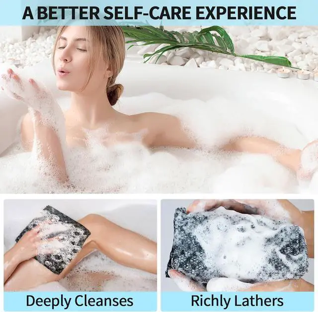 Alt view image 6 of 7 - Exfoliating Washcloth Shower Towels Rich Silver Ion & Carbon Fiber | Premium Japanese Style Exfoliating Body Scrubber for Back Acne, KP & Smooth Skin, Longer Body Scrub Exfoliator with 2 Sides