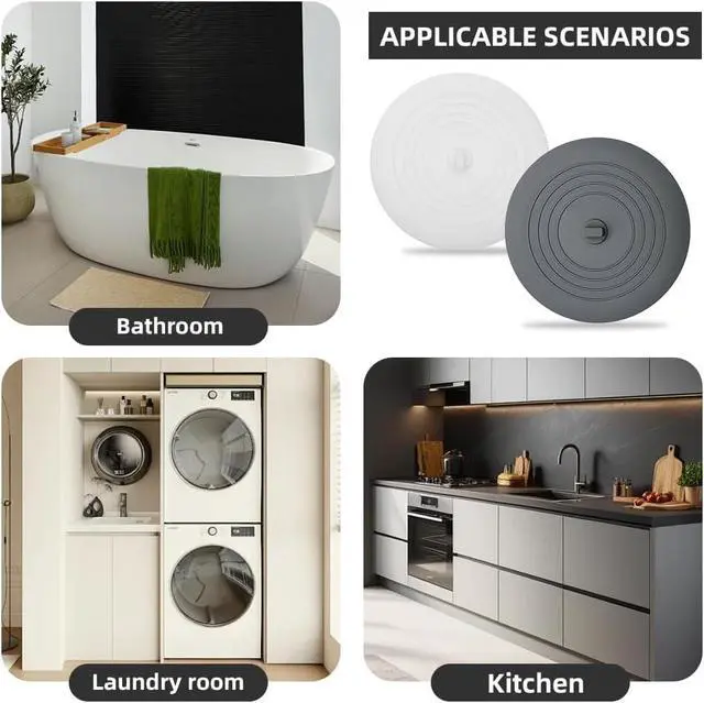 Alt view image 7 of 7 - Tub Stopper 2PCS,Bathtub Drain Stopper,6 inches Bathtub Tub Drain Cover Stopper,Silicone Drain Plug,Kitchen Bathroom Hair Water Shower Stopper,Large Bathroom Laundry Accessories (Grey/White)