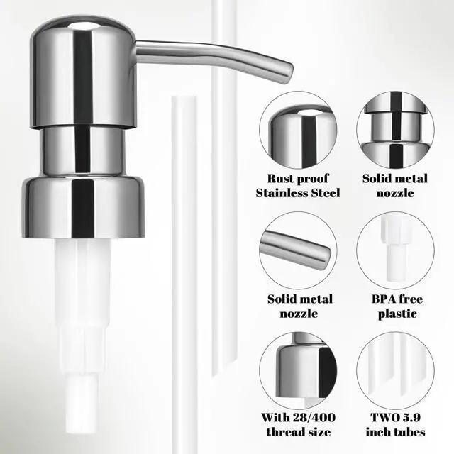 Alt view image 6 of 7 - 2 Pack Stainless Steel Soap Dispenser Pump Replacement Standard 28/400 Thread for Lotion Dish Soap Kitchen Bathroom
