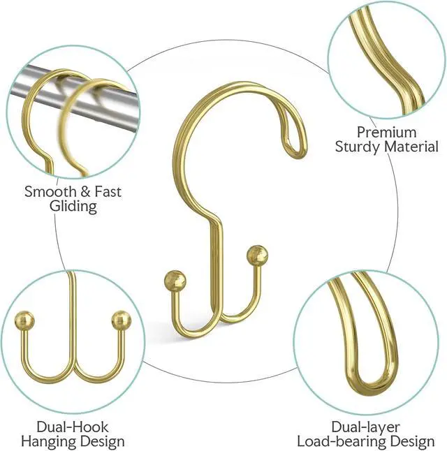 Alt view image 2 of 7 - Bathway Gold Shower Curtain Hooks Ring, 12 Pcs Double Sided Shower Hooks, Rust Proof Metal Shower Hooks for Bathroom, Anti-Drop Shower Rings for Shower Curtain & Liners