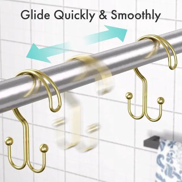 Alt view image 5 of 7 - Bathway Gold Shower Curtain Hooks Ring, 12 Pcs Double Sided Shower Hooks, Rust Proof Metal Shower Hooks for Bathroom, Anti-Drop Shower Rings for Shower Curtain & Liners