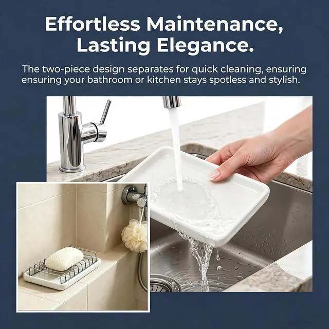 Alt view image 2 of 6 - Ceramic Soap Dish with Stainless Steel Drain Tray Self Draining Soap Holder Sponge Holder Soap Dishes for Shower, Bathroom, Kitchen Sink
