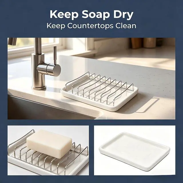 Alt view image 4 of 6 - Ceramic Soap Dish with Stainless Steel Drain Tray Self Draining Soap Holder Sponge Holder Soap Dishes for Shower, Bathroom, Kitchen Sink