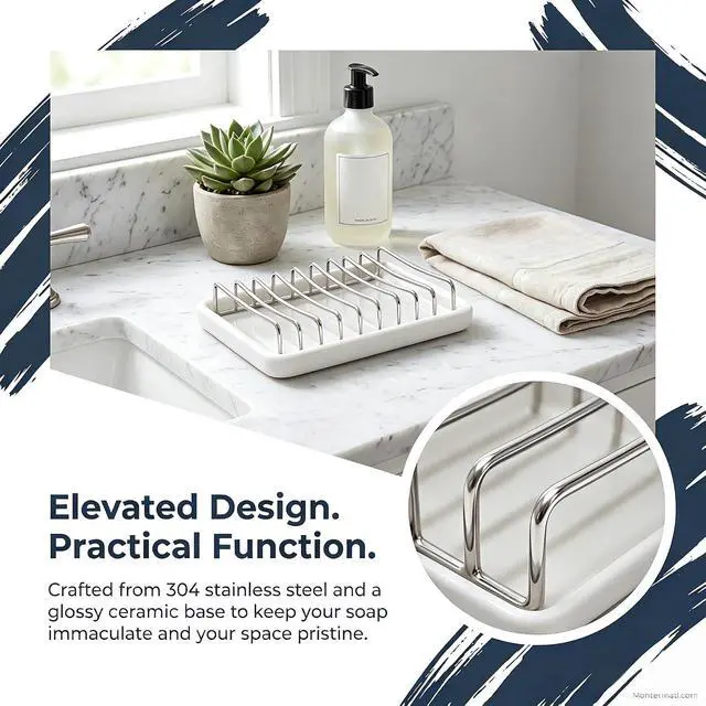Alt view image 3 of 6 - Ceramic Soap Dish with Stainless Steel Drain Tray Self Draining Soap Holder Sponge Holder Soap Dishes for Shower, Bathroom, Kitchen Sink