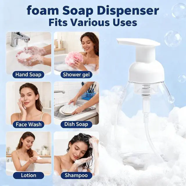Alt view image 5 of 7 - 2-Pack Foaming Soap Dispenser Pump Bottles,Foam Hand Soap Dispenser with Refillable Plastic Container for Shampoo for Bathroom & Kitchen-Clear,8 oz(250ml)