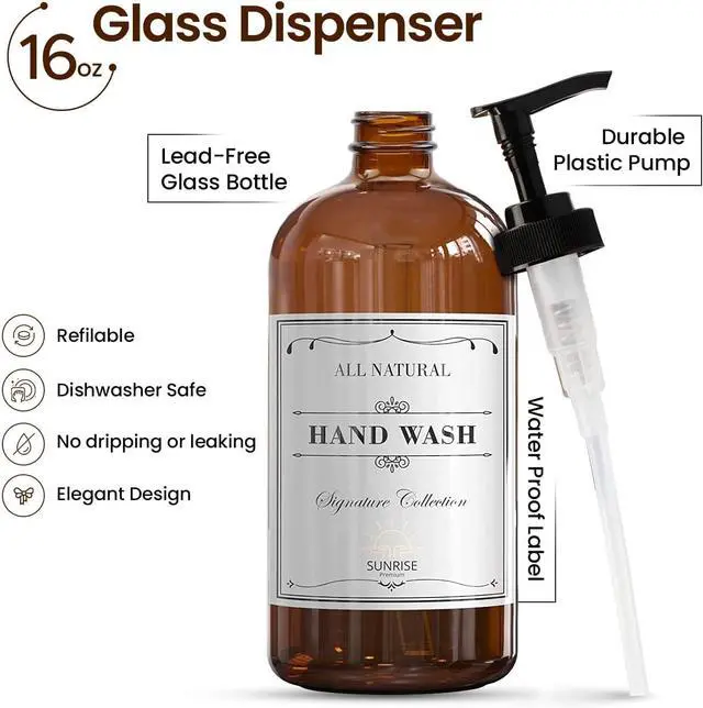 Alt view image 2 of 7 - Sunrise Premium Amber Glass Soap Dispenser with Pump, 16 oz | Amber Glass, Soap Dispenser Pump Hand and Dish,Bathroom and Kitchen Sink use ,6 waterproof (Pack of 2)