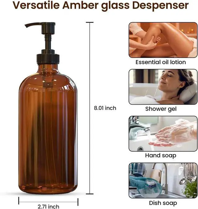 Alt view image 3 of 7 - Sunrise Premium Amber Glass Soap Dispenser with Pump, 16 oz | Amber Glass, Soap Dispenser Pump Hand and Dish,Bathroom and Kitchen Sink use ,6 waterproof (Pack of 2)