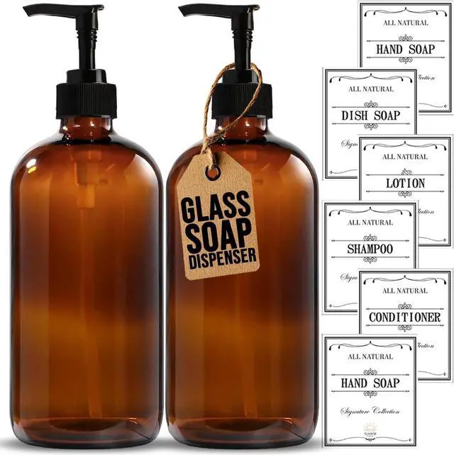Main image of Sunrise Premium Amber Glass Soap Dispenser with Pump, 16 oz | Amber Glass, Soap Dispenser Pump Hand and Dish,Bathroom and Kitchen Sink use ,6 waterproof (Pack of 2)