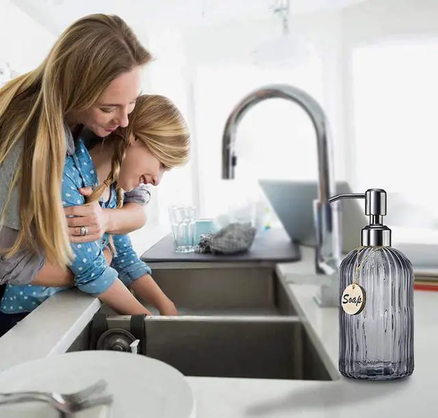 Alt view image 3 of 7 - JASAI 18 Oz Kitchen Soap Dispenser with 304 Rust Proof Stainless Steel Pump | Refillable Liquid Soap Dispenser for Bathroom, Kitchen, Hand Soap, Dish Soap (Clear Grey)