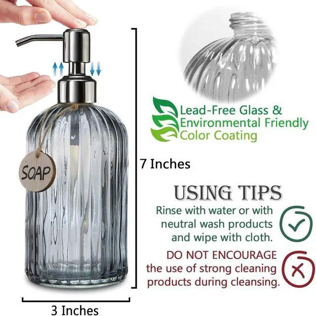 Alt view image 7 of 7 - JASAI 18 Oz Kitchen Soap Dispenser with 304 Rust Proof Stainless Steel Pump | Refillable Liquid Soap Dispenser for Bathroom, Kitchen, Hand Soap, Dish Soap (Clear Grey)