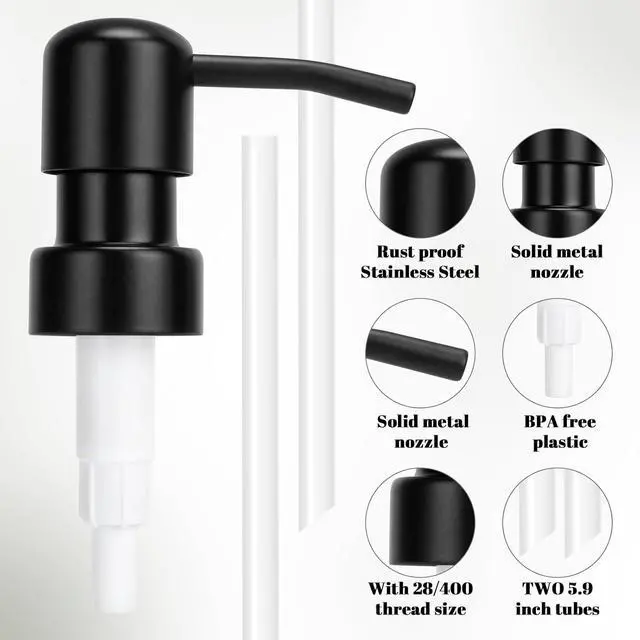 Alt view image 6 of 7 - 2 Pack Black Stainless Steel Soap Dispenser Pump Replacement Standard 28/400 Thread for Lotion Dish Soap Kitchen Bathroom