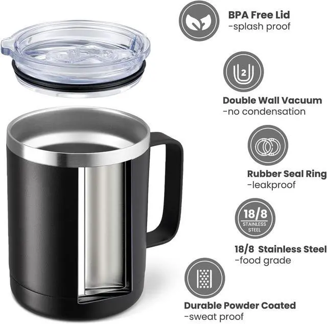 Alt view image 2 of 7 - MEWAY 12oz Coffee Mug With Handle and Sliding Lid,Stainless Steel Travel Tumbler Cup with Handle,Double Wall Vacuum Insulated Camping Cup for Hot & Cold Drinks Tea (Black,Set of 1